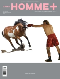 Arena Homme+ magazine cover showing a shirtless man in red boxing shorts punching toward a galloping brown and white pinto horse.