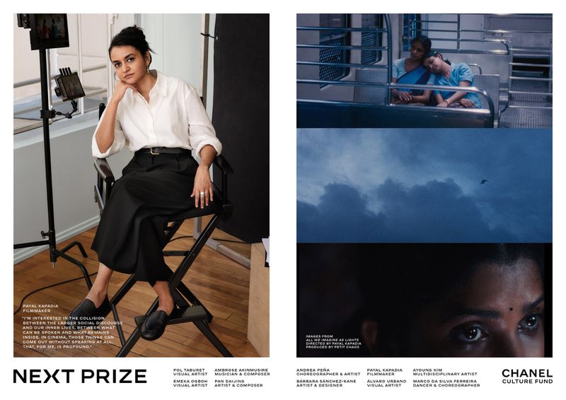 Editorial layout featuring filmmaker Payal Kapadia seated in a director's chair alongside film stills for the CHANEL Next Prize.