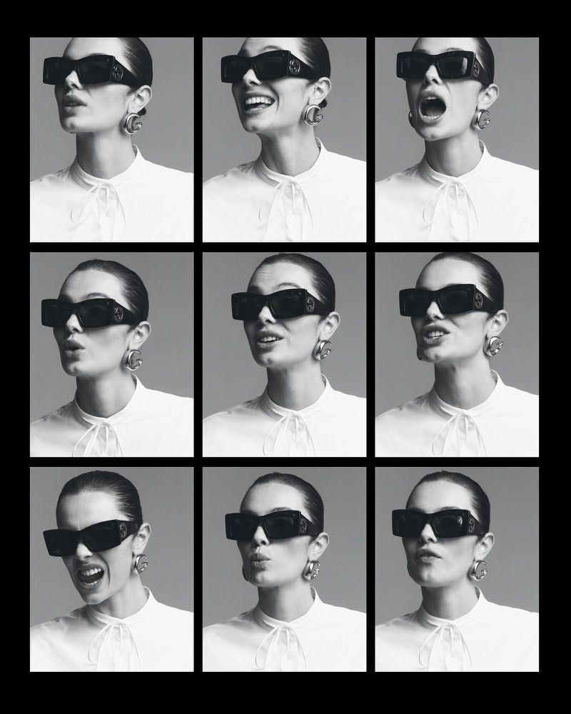 Black and white grid of a woman in sunglasses making different facial expressions, wearing a collared shirt and large hoop earrings.