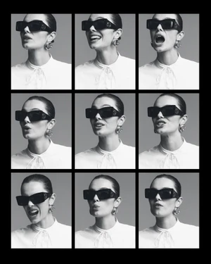 Grid of nine portraits of a female model wearing dark sunglasses and hoop earrings against a grey background