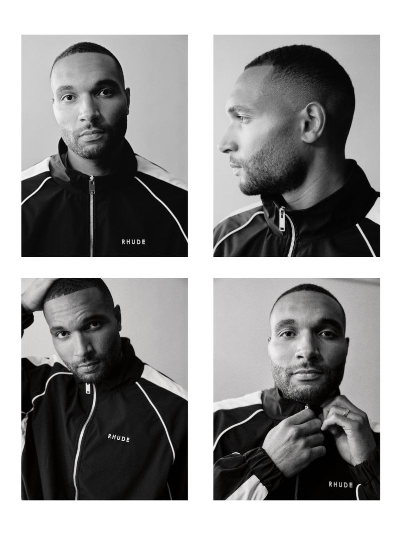 Four black and white portrait shots of Jonathan Tah wearing a black Rhude track jacket arranged in a two-by-two grid.