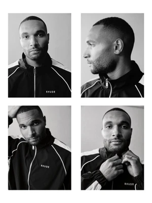 Four black and white portrait shots of Jonathan Tah wearing a black Rhude track jacket arranged in a two-by-two grid.