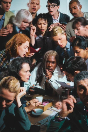 Group of diverse people gathered around a table in business attire, looking at documents and objects, captured with bright, studio lighting.