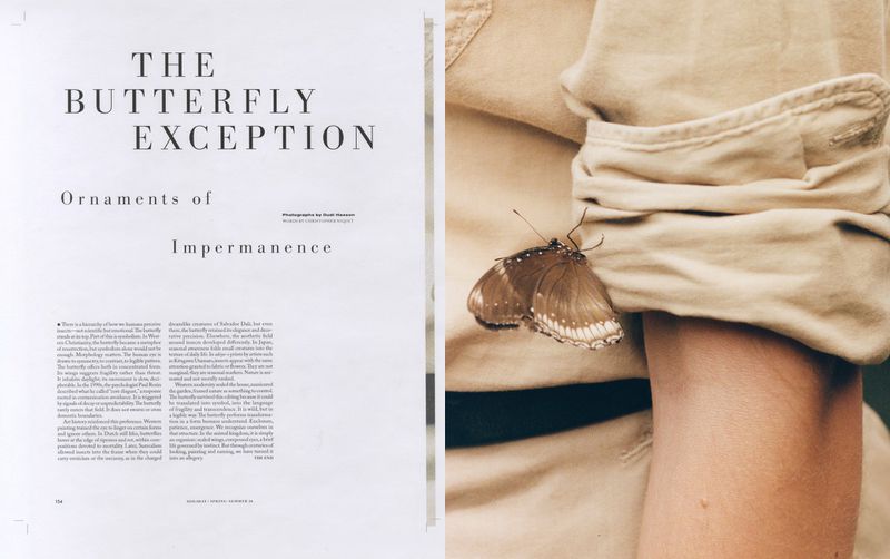 Brown butterfly perched on a rolled-up khaki shirt sleeve on an arm beside editorial magazine text.