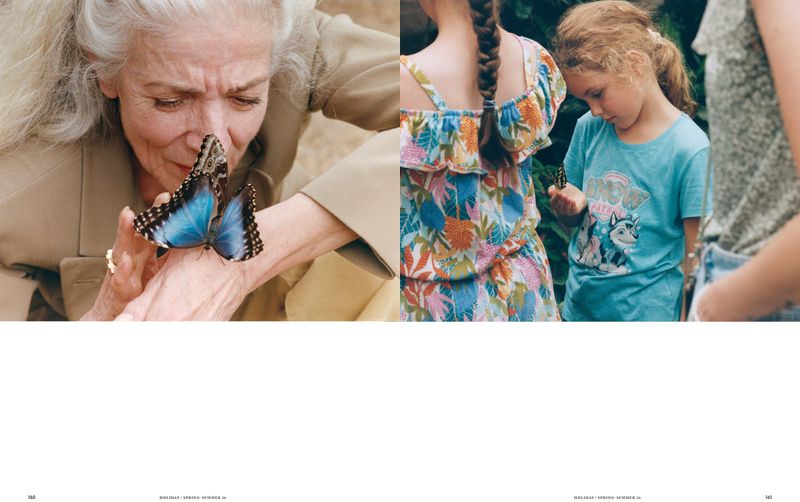 Close-up of an elderly woman holding a blue butterfly on her hand alongside a young girl interacting with a butterfly in a magazine spread