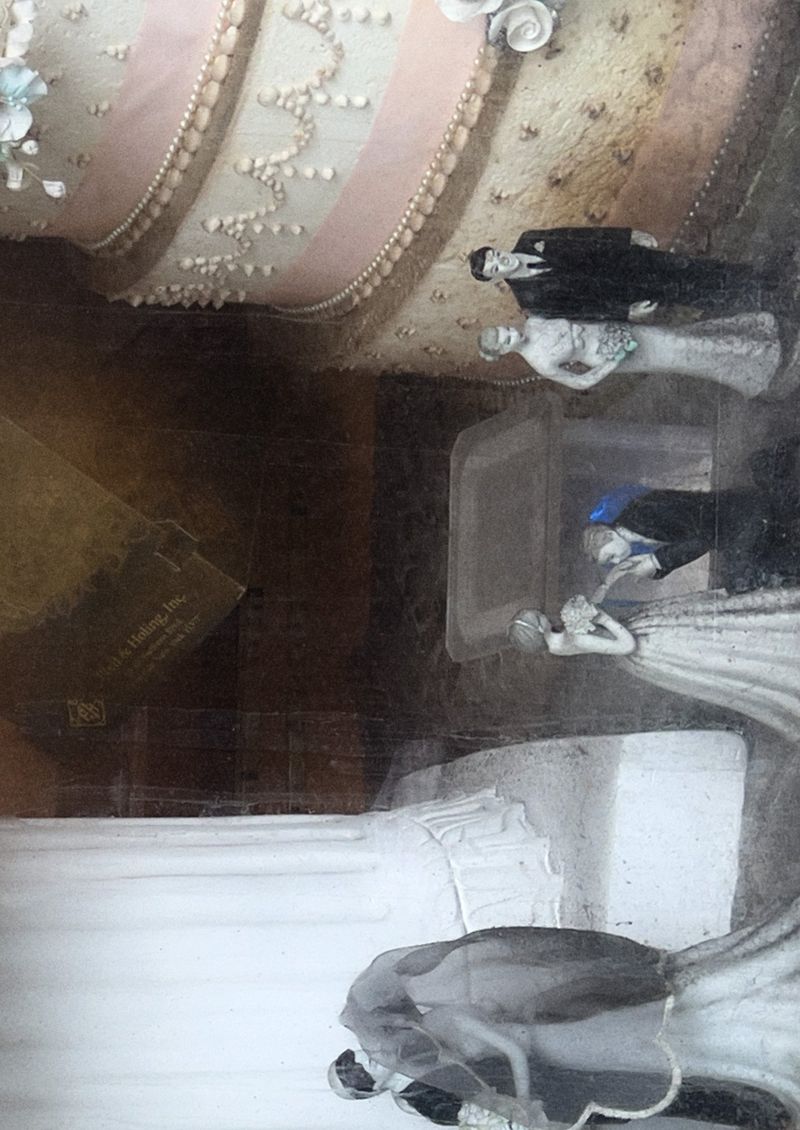Illustration of a bride and groom with a child, set against a background of decorative ceiling and draped fabric in soft colors.