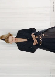 Model Abby Champion wearing a dark blazer and chained belt against a pale curtain backdrop for ALL-IN 08 editorial