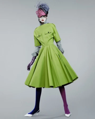 Model Yilan Hua posing in a lime green pleated dress with an avant-garde fascinator hat against a grey seamless background.