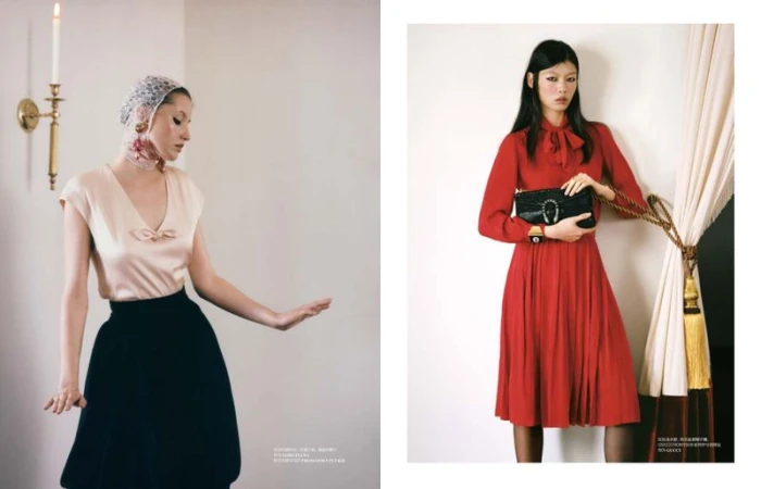 Editorial spread showing Tang He in a red pleated dress with black clutch alongside a model in a pale satin top and lace headscarf.