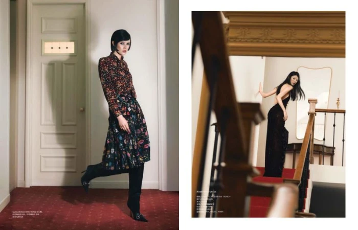 Fashion editorial spread featuring models in a floral printed outfit and a black backless gown on a staircase with red carpeting.