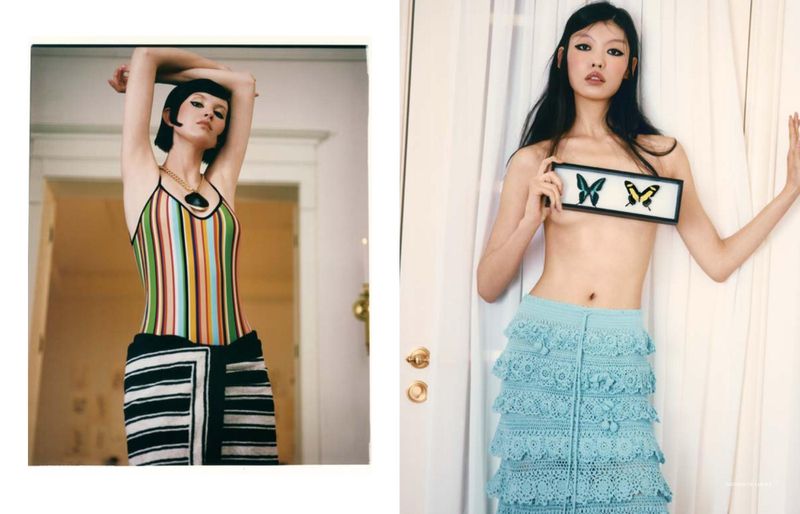 Diptych editorial featuring model Tang He in a striped bodysuit on the left and holding a framed butterfly specimen on the right.