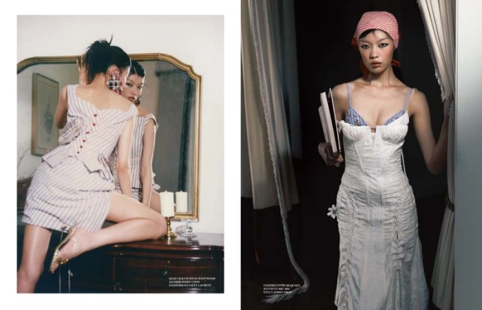 Fashion spread featuring model Tang He in a striped peplum set before a mirror and in a white corset dress with a red headscarf.