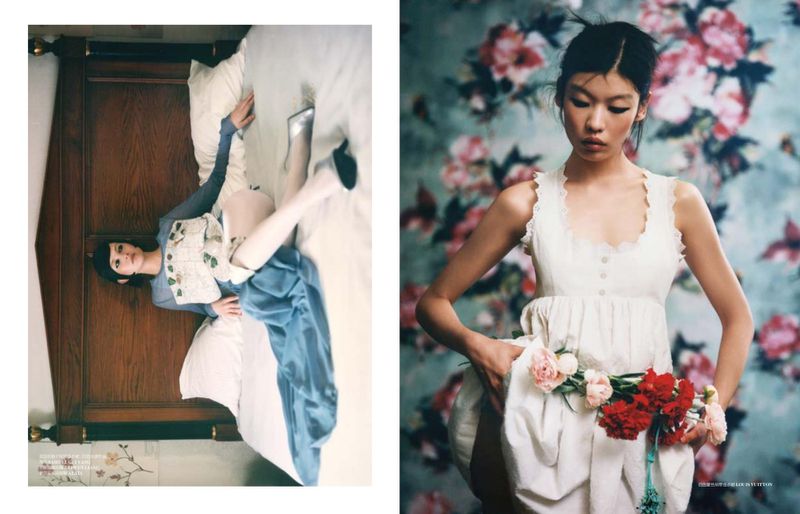 Model Tang He in an editorial diptych lying on a bed in a blue outfit and posing in a white dress holding flowers.