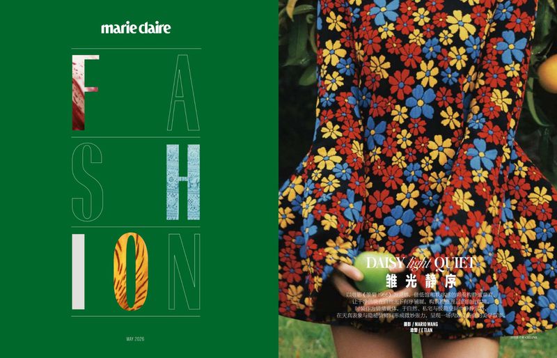 Model wearing a colorful floral print mini dress with flared sleeves holding a green apple in a Marie Claire editorial layout.