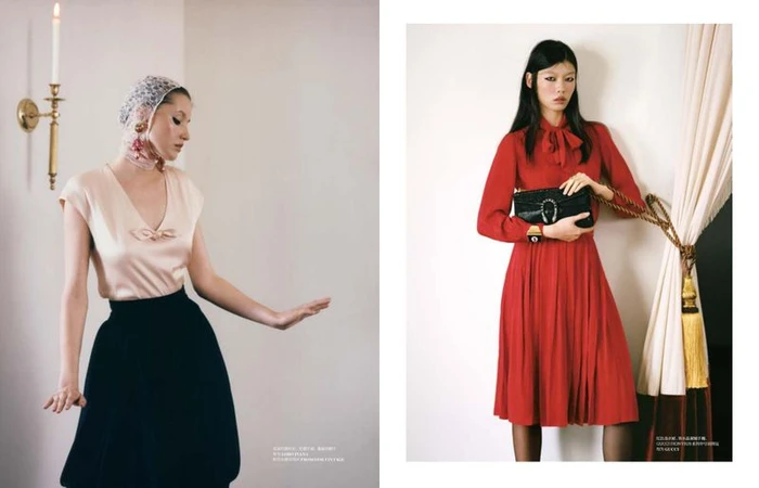 Editorial spread showing Tang He in a red pleated dress with black clutch alongside a model in a pale satin top and lace headscarf.
