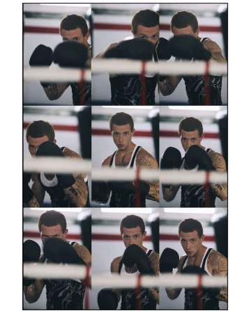 A nine-panel photo grid showing a tattooed male boxer wearing black gloves posing behind boxing ring ropes.