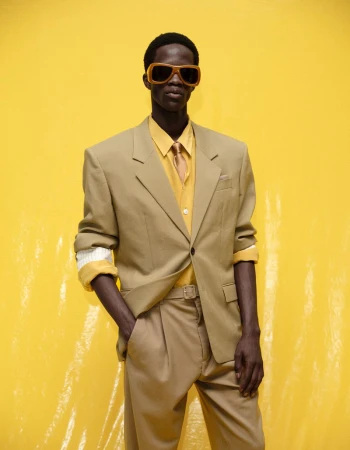 Model Khalil Bayo posing in an oversized beige suit, yellow collared shirt, and matching sunglasses against a bright yellow studio backdrop.
