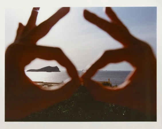 Blurred hands form binocular shapes framing a sunlit ocean view with a distant rocky island.