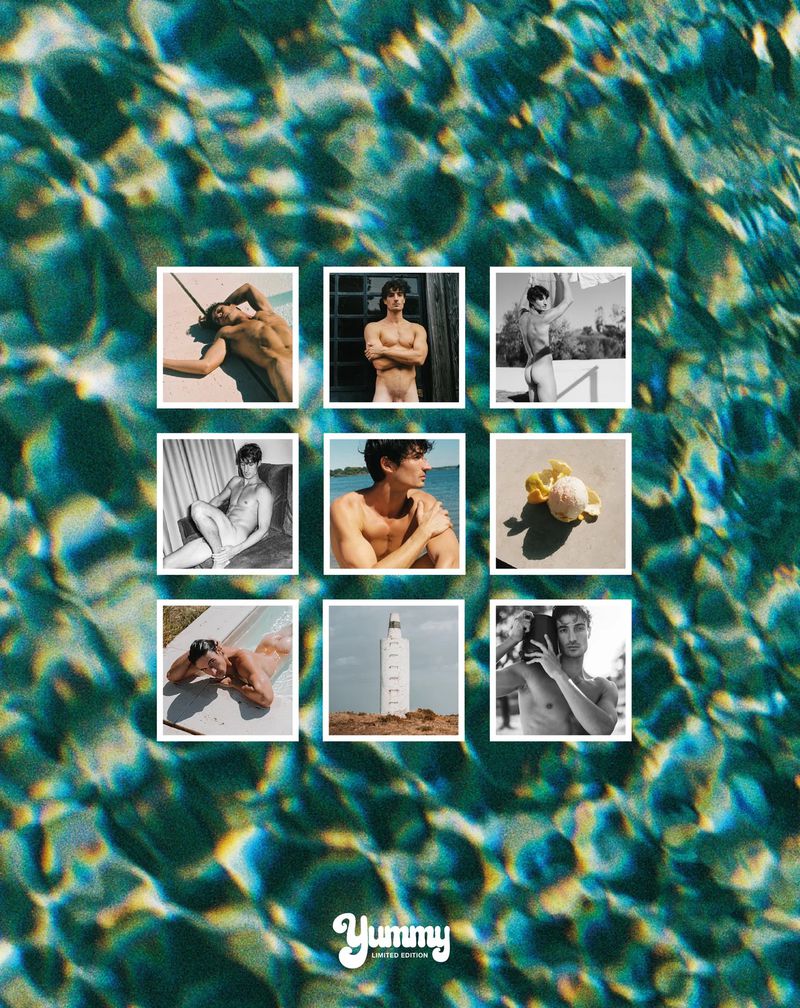 A 3x3 grid of photo thumbnails of a male model over a shimmering green-blue rippled pool water background with the Yummy logo.