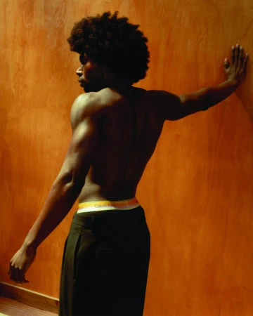 Shirtless Black man in black trousers showing a Calvin Klein rainbow waistband while leaning against a warm wood wall.