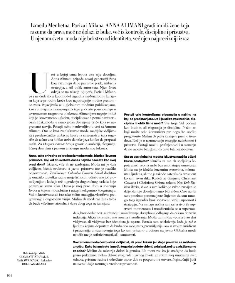 Editorial text layout page for Harper's Bazaar Serbia featuring an interview with model Anna Alimani on a white background.
