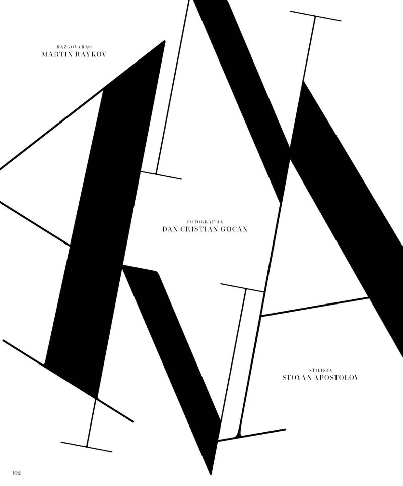 Monochrome editorial typography layout featuring bold geometric black letterforms and credits on a white background.