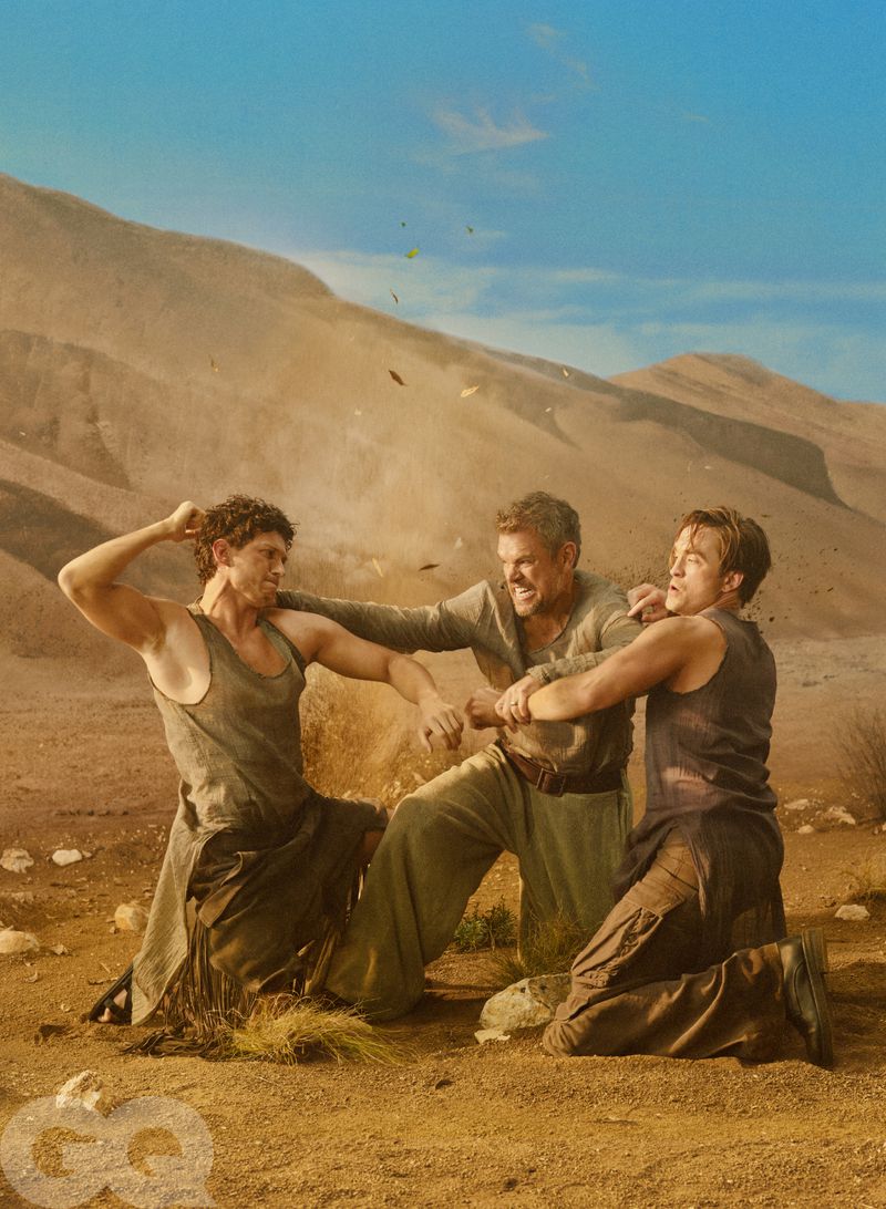 Tom Holland, Matt Damon, and Robert Pattinson engaged in a staged desert brawl for GQ Magazine.