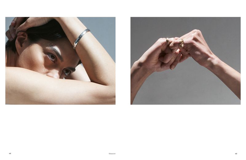 Editorial diptych featuring close-ups of a model wearing a silver cuff bracelet and interlocking hands wearing gold rings.