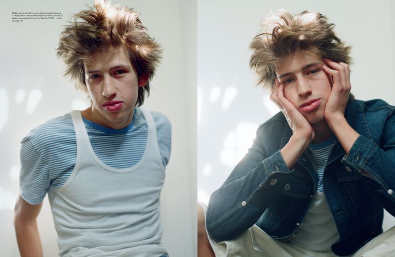 Diptych portrait of a young man with ruffled brown hair wearing a white tank over a striped shirt and a blue denim jacket.