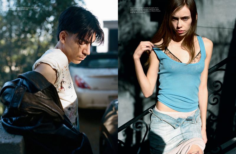 Two-panel fashion editorial featuring a man holding a black leather jacket and a woman in a blue tank top outdoors.