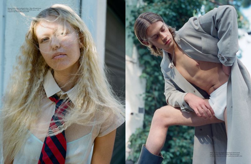 Two-panel fashion editorial spread showing a blonde woman with a striped tie and a young man in an open coat