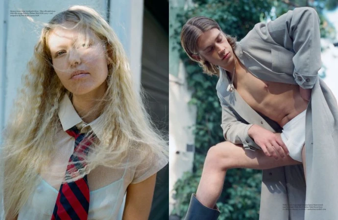 Two-panel fashion editorial spread showing a blonde woman with a striped tie and a young man in an open coat