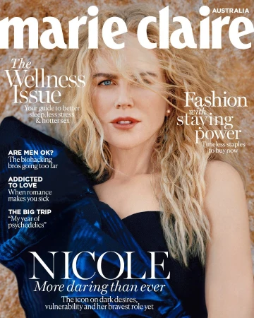 Marie Claire Australia magazine cover featuring Nicole Kidman with blond wavy hair, wearing a black top and blue wrap.