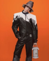 Model wearing a black and white graphic leather suit and a grey sculpted hat, holding a column-shaped handbag before an orange backdrop.