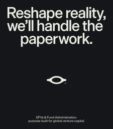 Minimalist graphic on dark background reading Reshape reality, we'll handle the paperwork with centered abstract logo.