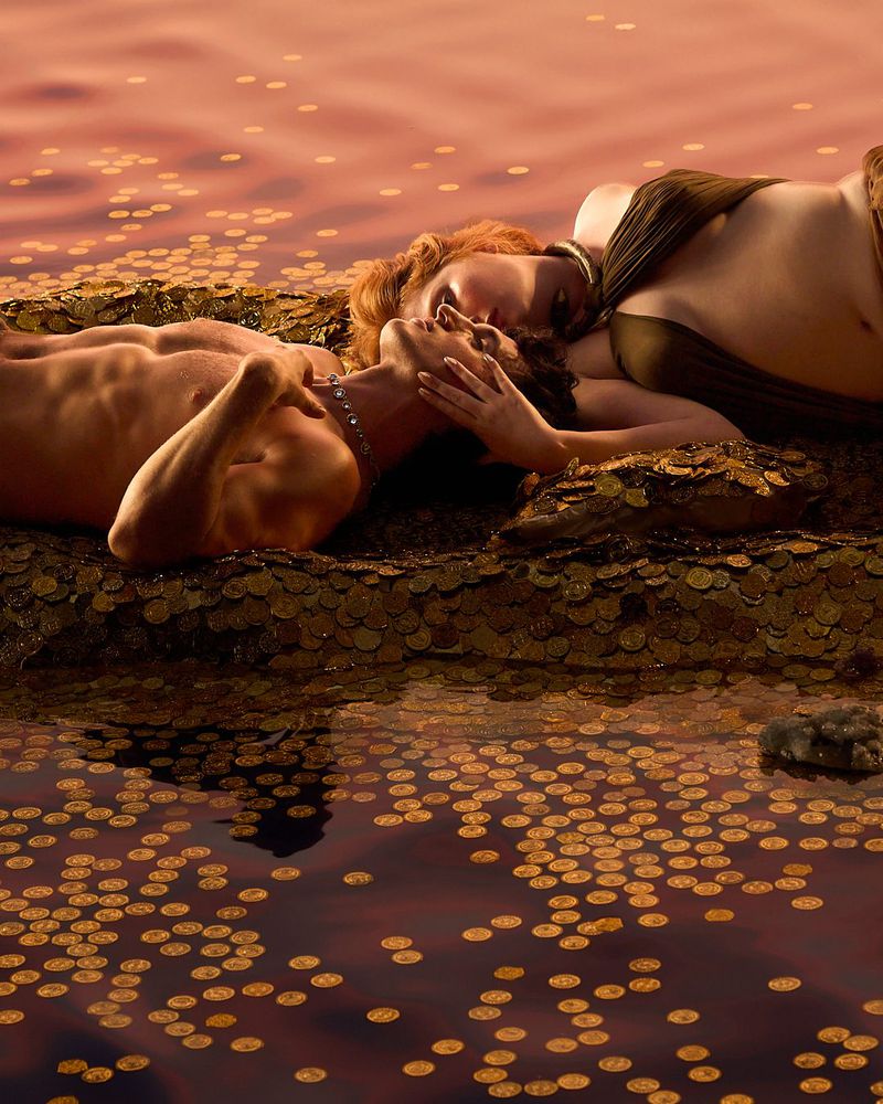 Man and woman lying together beside a pool of water scattered with gold coins for a Jean Paul Gaultier fragrance campaign.