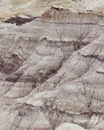 High-angle view of banded, eroded clay hills and desert badlands with intricate geological strata.