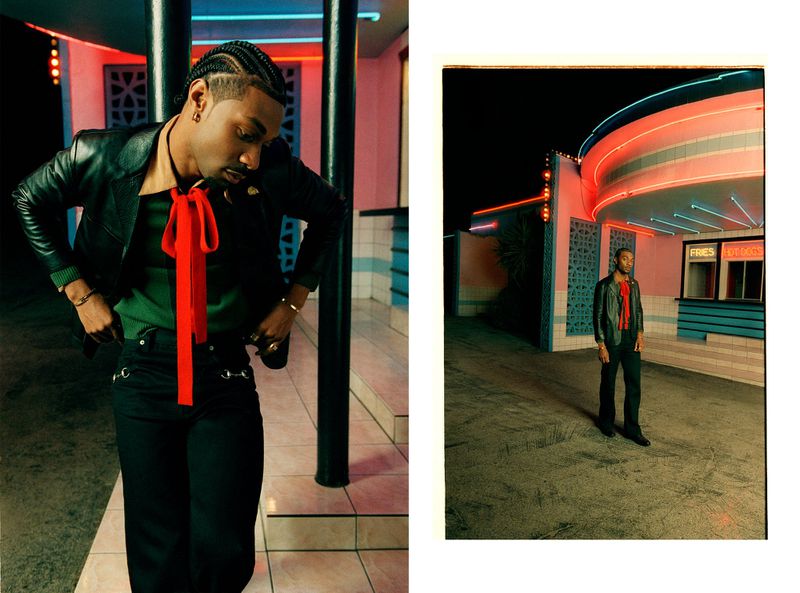 Jonathan Daviss in a leather jacket and red neck bow outside a neon-lit retro diner at night in a two-frame editorial diptych.