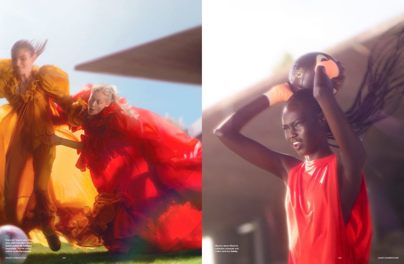 Fashion editorial spread with models leaping in voluminous red and yellow gowns next to a woman holding a basketball overhead.