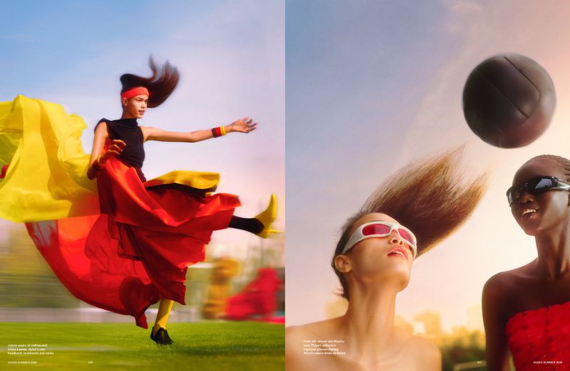 Fashion editorial spread featuring a model leaping in a billowing red and yellow dress beside models watching a vintage leather ball in flight.