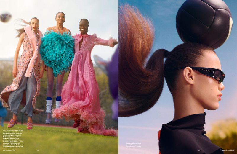 Fashion editorial spread showing three models floating on grass in pink and turquoise gowns beside a model balancing a ball on her head.