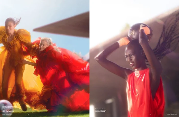 Fashion editorial spread with models leaping in voluminous red and yellow gowns next to a woman holding a basketball overhead.