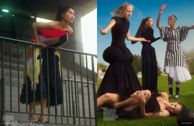 Fashion editorial spread showing models in avant-garde black and colorful dresses posed across stadium stairs and a grassy sports field.