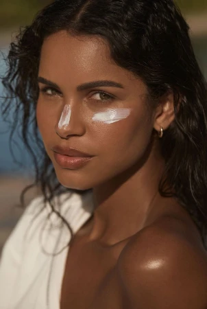 Close-up of an adult woman with sunscreen on her face, looking at the camera with a slight smile, and curly hair.