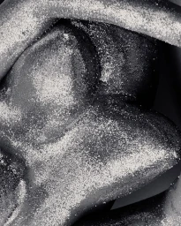 Close-up black and white photograph of human skin and curved body forms coated in a fine layer of sparkling, reflective glitter.