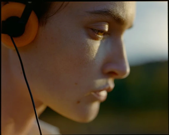 Close-up profile of a model wearing retro orange foam headphones bathed in warm natural sunlight.