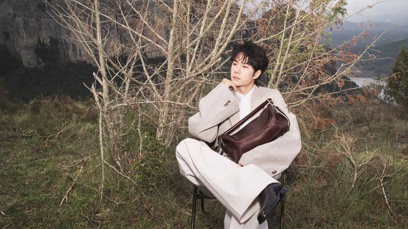 Adult male model in blazer and wide-leg trousers poses with a brown handbag outdoors, set against a mountain landscape backdrop.