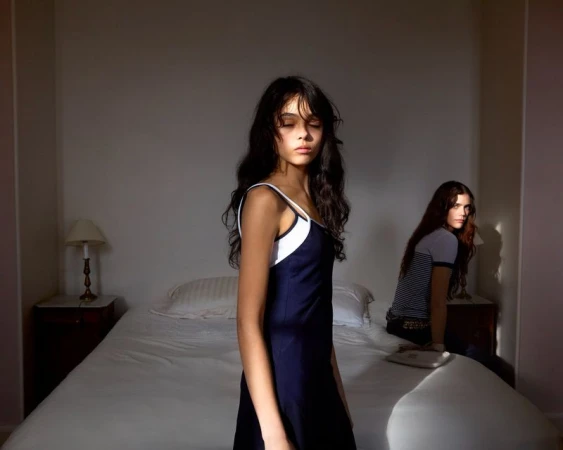 Two women in a bedroom setting with natural light casting shadows. One woman stands in the foreground while the other is seated on the bed.