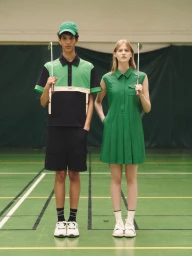 Two models holding golf clubs on a green indoor court in matching green and black A.P.C. Golf sportswear.