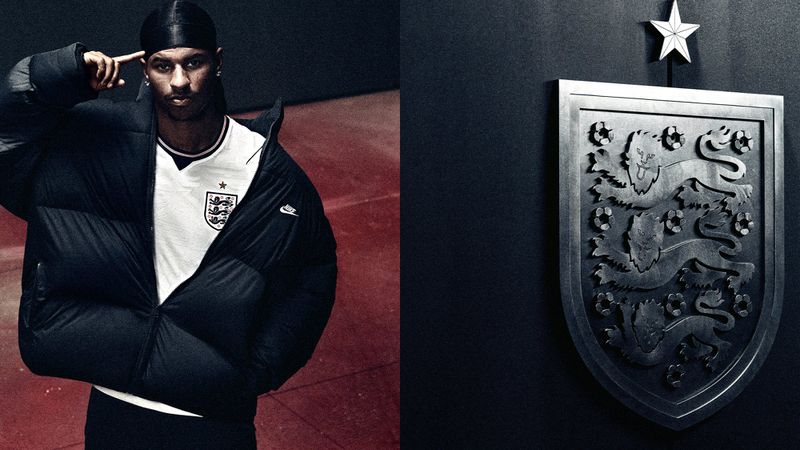 Marcus Rashford wearing an England football jersey and oversized black Nike puffer jacket next to a large Three Lions crest.
